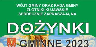 Kolorowy plakat promujący Dożynki Gminne 2023 w Złotnikach Kujawskich z datą wydarzenia i informacją o atrakcjach.